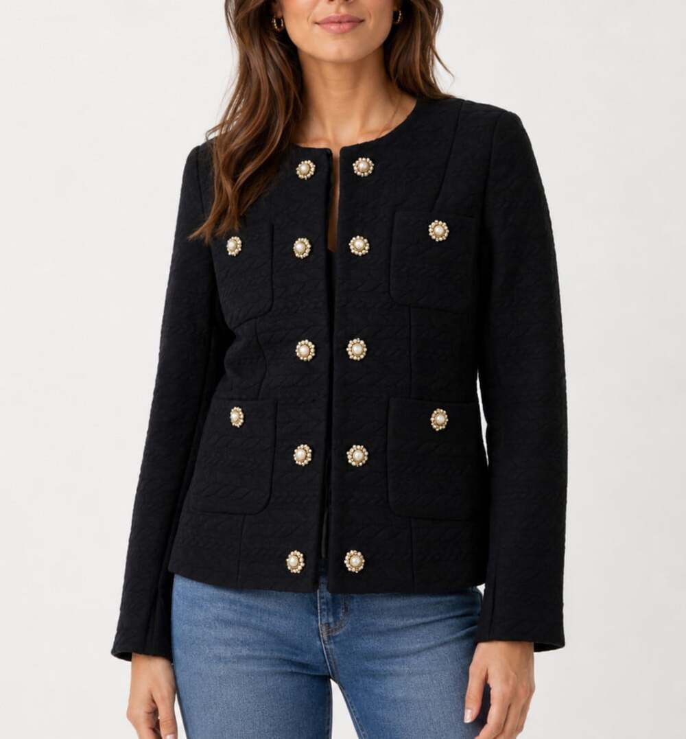 Teria Yabar Black Quilted Jacket Blazer Gold Pearl Buttons
